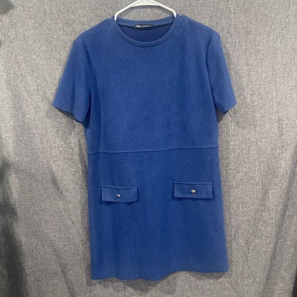 ZARA FAUX SUEDE Shift Dress Sz M Retro Modern Blue Comfort Crew Short Sleeve - Picture 3 of 10